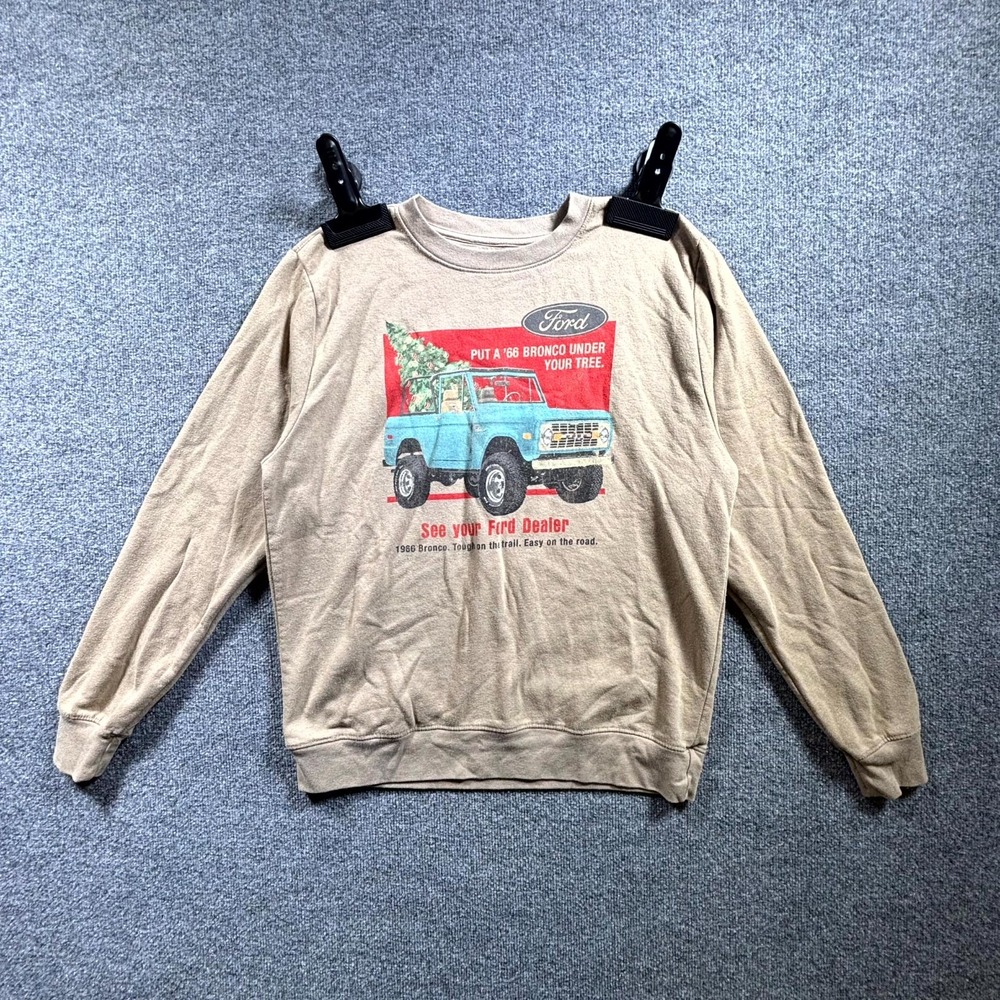Ford Holiday Sweatshirt Mens Medium Beige Fleece Bronco Graphic Crew Neck Street